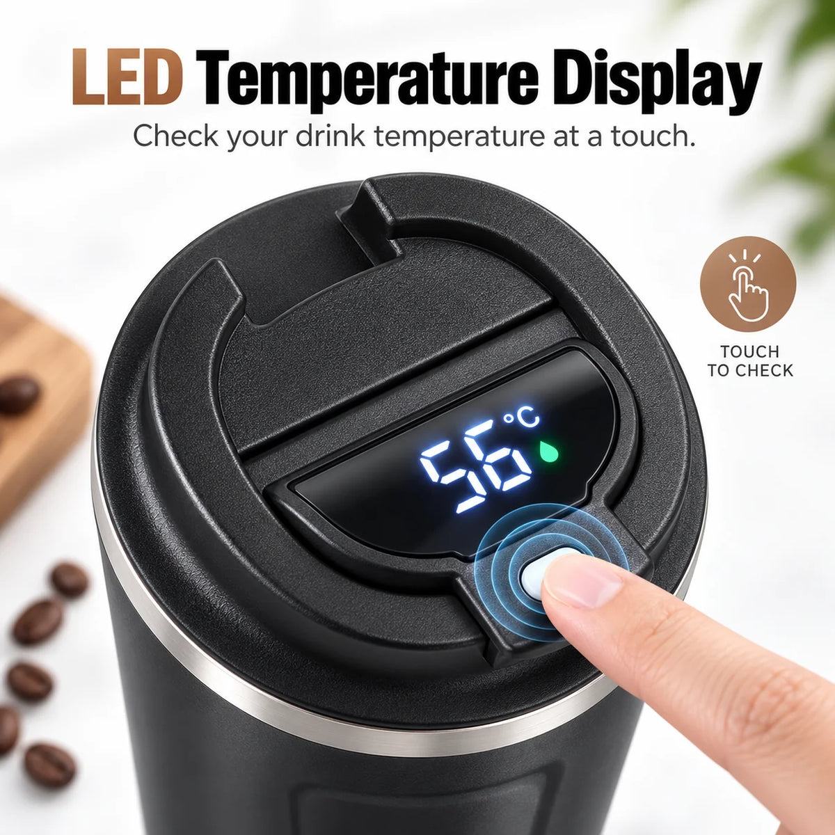 Digital Display Insulated Travel Coffee Tumbler 510ml, Reusable On‑the‑Go Beverage Mug