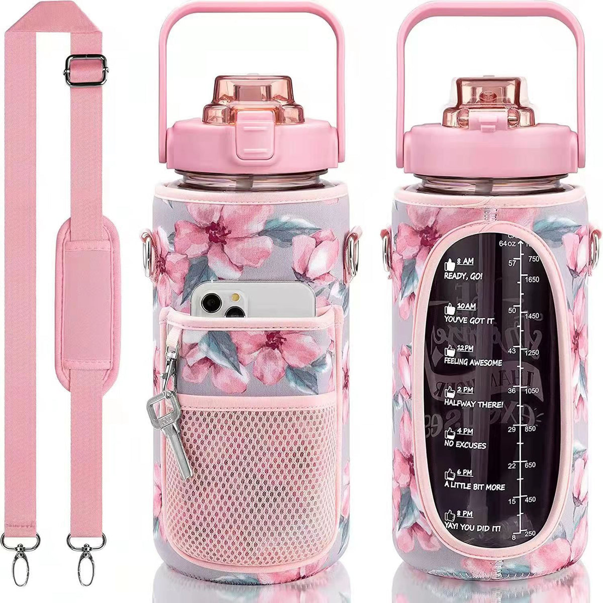 2L Motivational Water Bottle with Time Marker & Sleeve
