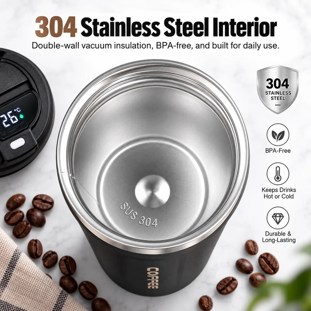 Digital Display Insulated Travel Coffee Tumbler 510ml, Reusable On‑the‑Go Beverage Mug