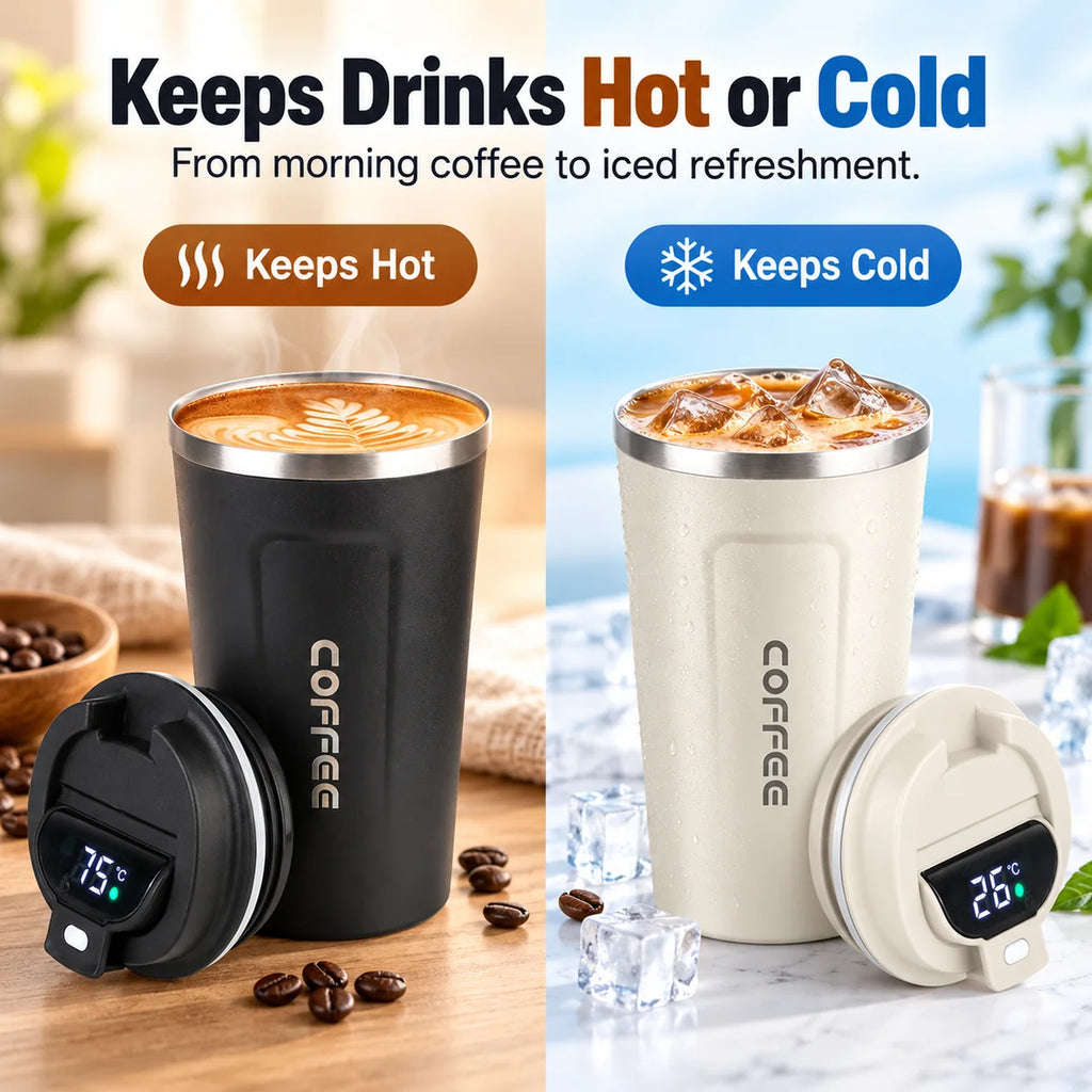 Digital Display Insulated Travel Coffee Tumbler 510ml, Reusable On‑the‑Go Beverage Mug